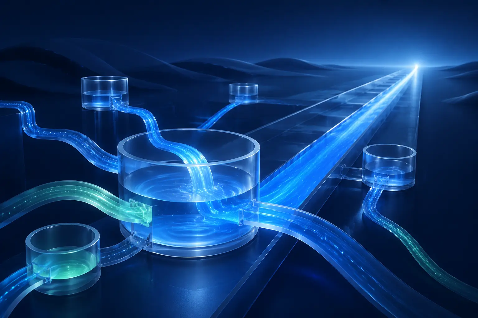Luminous financial flows moving through transparent reservoirs towards a clear runway