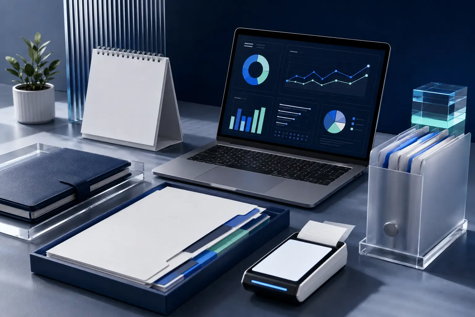 An organised startup finance workspace with records, a calendar, receipt capture and an abstract dashboard