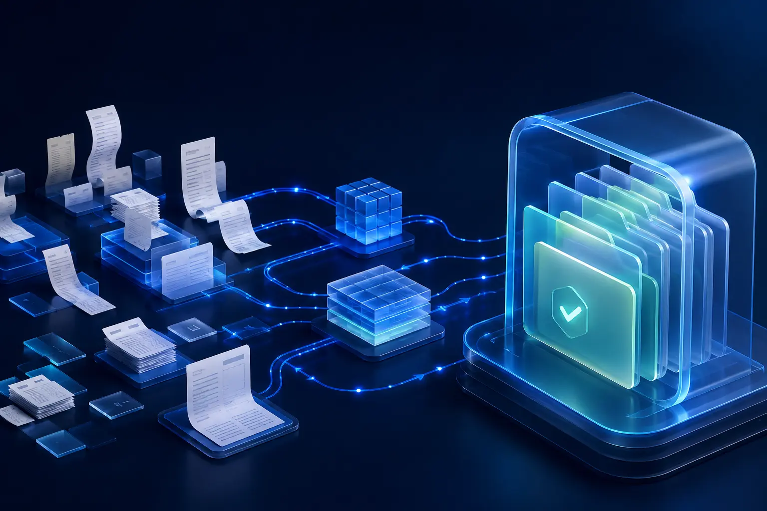 Receipts, invoices and ledger blocks moving through a connected digital record-keeping workflow