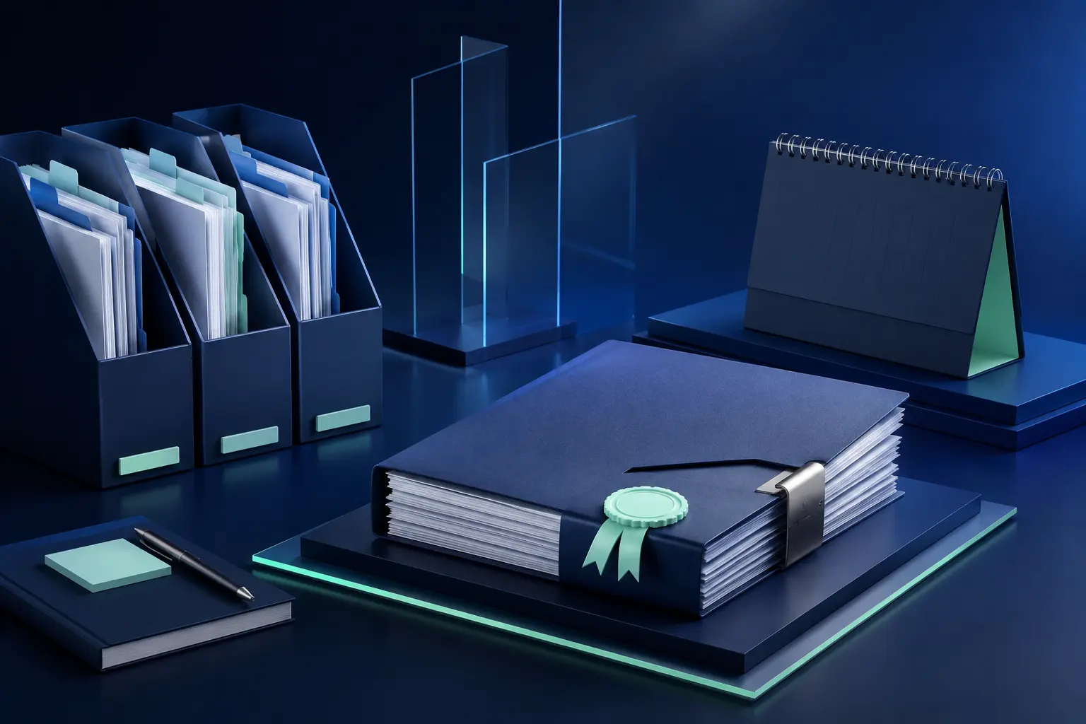 A calm year-end close workspace with reconciled records, an orderly calendar and completed account files