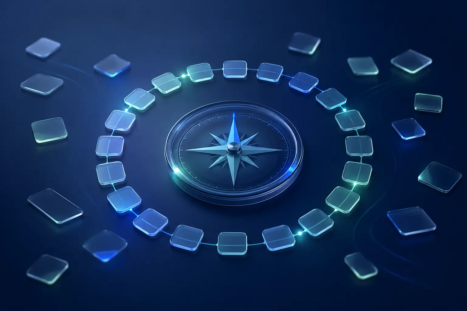 Translucent financial tiles organising into a clear circular path around a calm central compass