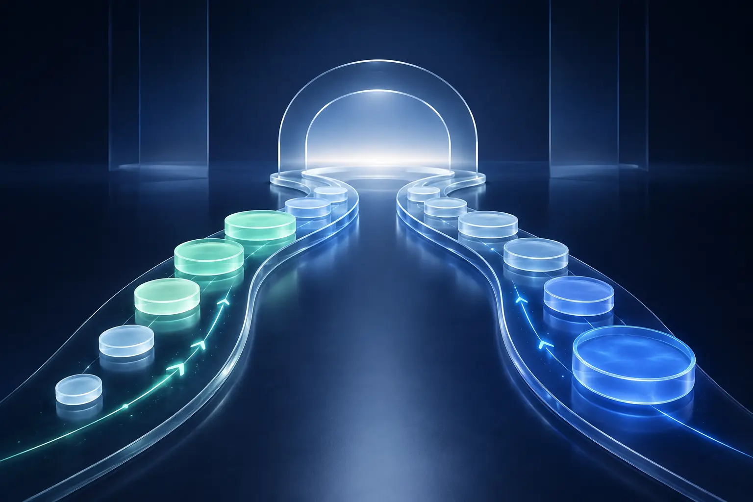 Two balanced translucent repayment paths converging towards the same clear destination