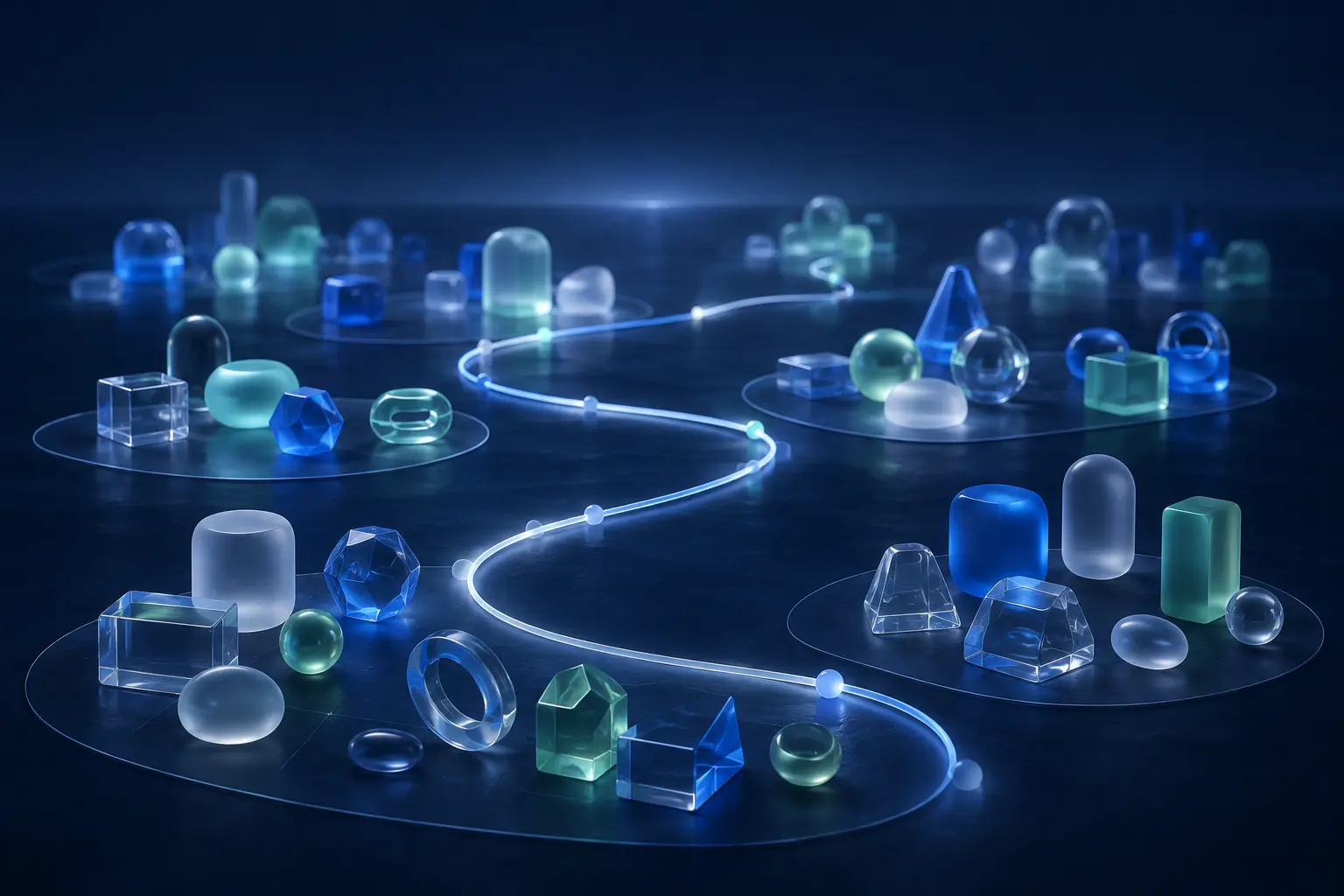 One long-term investment path spreading across varied translucent assets and markets