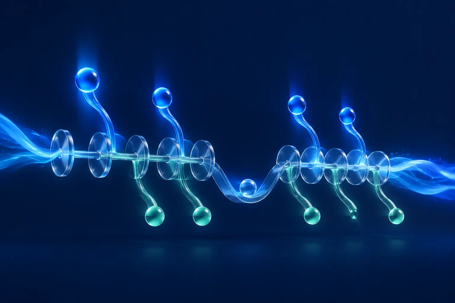 Translucent income streams and payment points arranged along a clear monthly time path