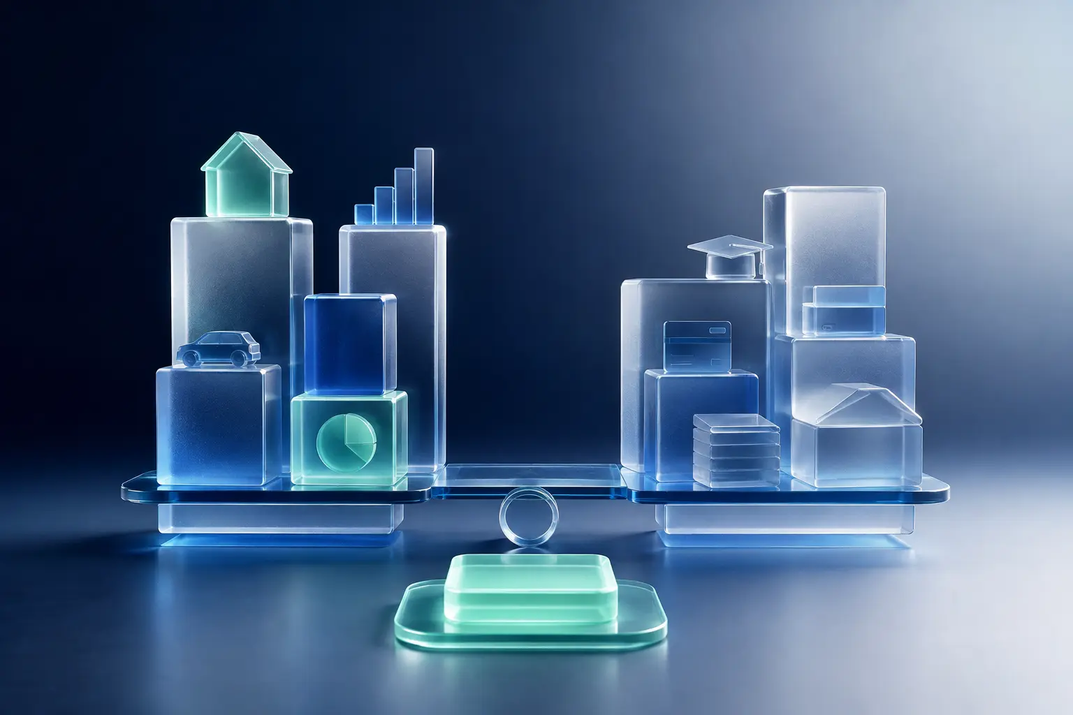 Balanced translucent asset and liability blocks forming one calm personal financial overview