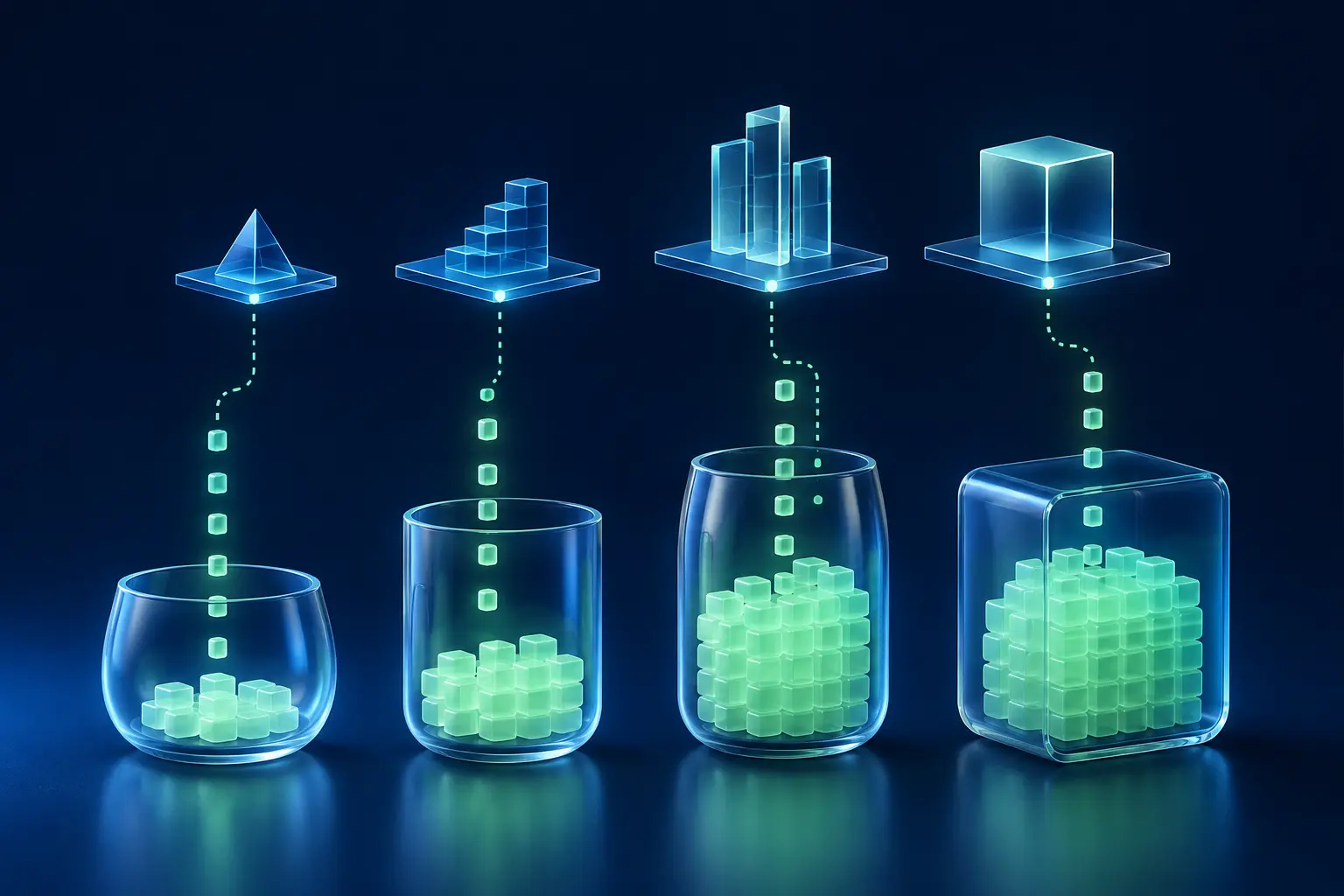 Several translucent savings vessels filling steadily towards known future milestones